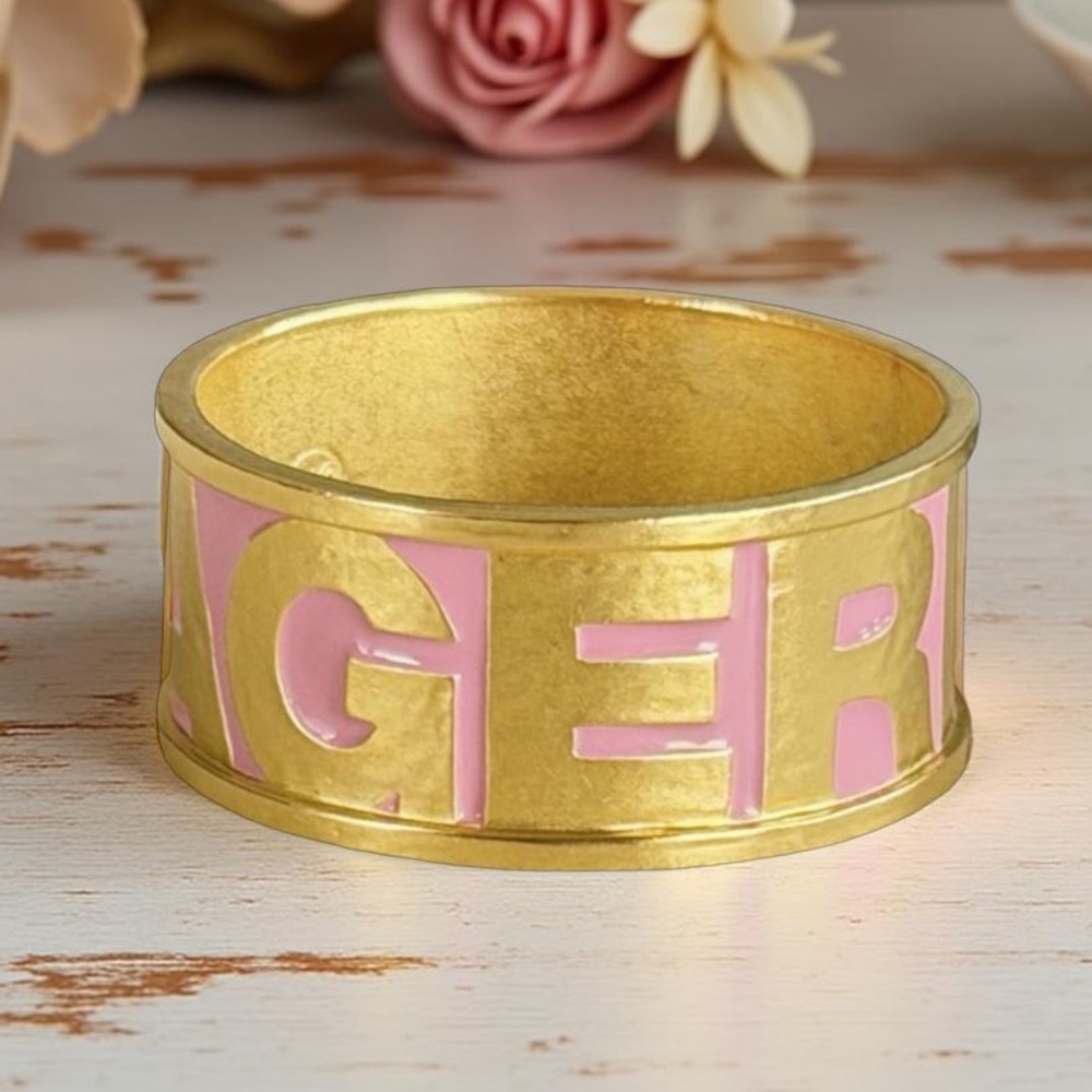 Karl Lagerfeld 80s Vintage Pink Enamel Gold Logo Letters Bangle Bracelet 8” - Picture 17 of 17
